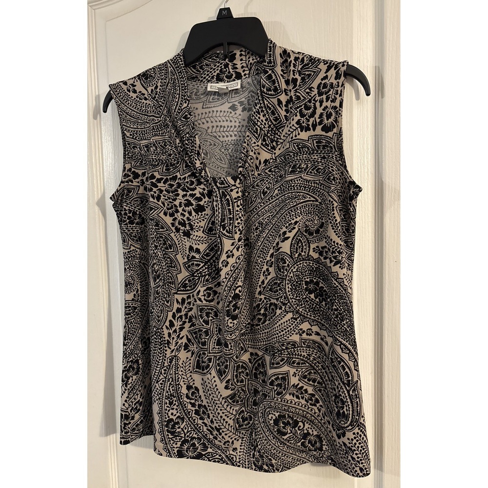 Dana Buchman Tan & Black Sleeveless Vneck Blouse Polyester Stretch Medium EUC
